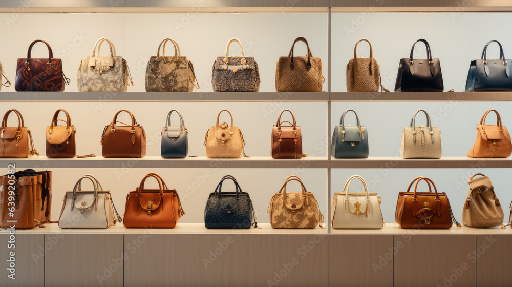 Variety of different styles and sizes of handbags in a boutique Variety of different styles and sizes of handbags in a boutique