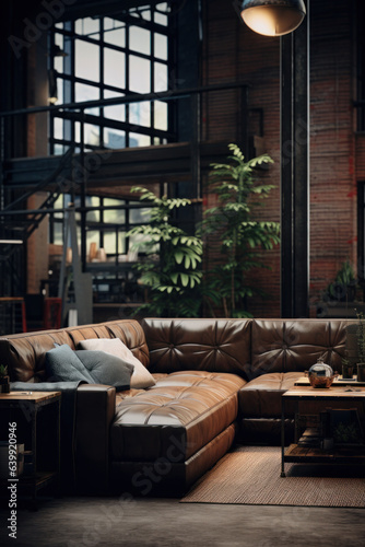 Modern loft open space apartment with wooden beams and floor, simple modern furniture, gray leather sofa, coffee table, brick wall, view from the living room