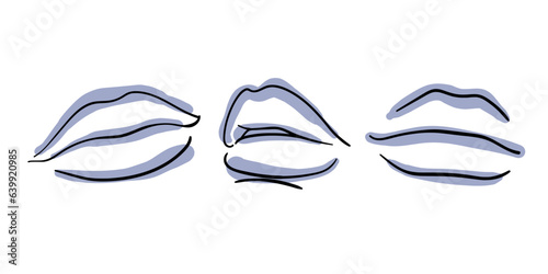 Kiss set minimal style outline vector illustration. Fashion blue Lips line drawing on white background. 