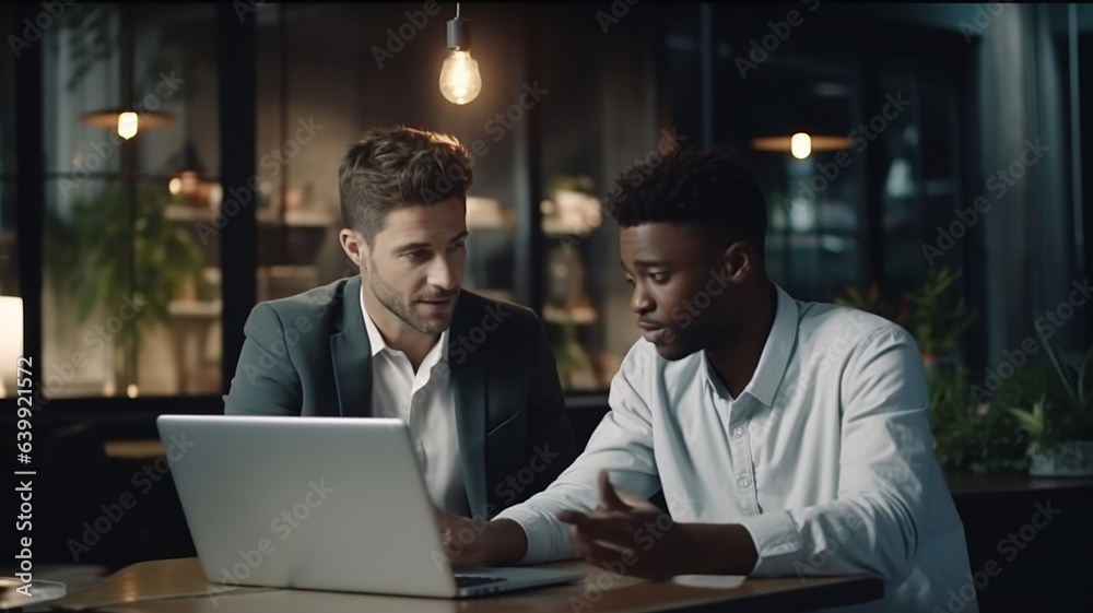 Two diverse businessmen men at office discuss project with computer. Generative AI Two diverse businessmen men at office discuss project with computer. Generative AI