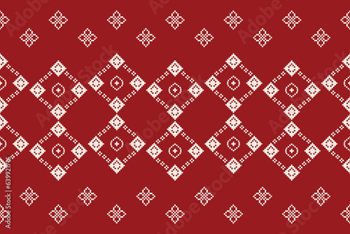 Ethnic geometric fabric pattern Cross Stitch.Ikat embroidery Ethnic oriental Pixel pattern red background. Abstract,vector,illustration. Texture,clothing,frame,decoration,motifs,silk wallpaper.