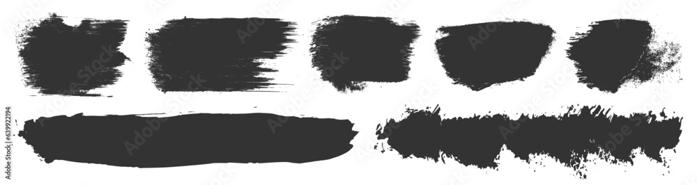 Vector set of dry brush paint ink shapes. Brush stroke elements. Black dirty grungy texture distressed frames. Japanese design ink stains. Chinese hand drawn freehand elements. Each element is united