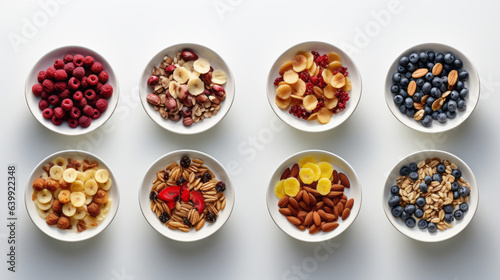 Various types of breakfast cereal in bowls