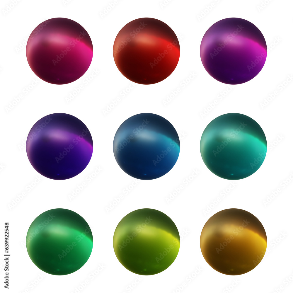 Set of round shape sphere ball or button in 3d rendering isolated on transparent background for decoration and design element concept. Set of round shape sphere ball or button in 3d rendering isolated on transparent background for decoration and design element concept.