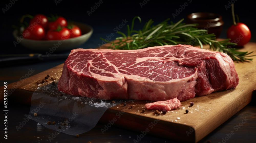 Raw rib eye steak of beef on a wooden Board with a meat cleaver and seasonings - obrazy, fototapety, plakaty 