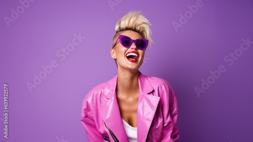 Blond young happy and funny woman laughing wearing 80s fashion in Stylish woman posing as supermodel on violet studio background, Generative AI