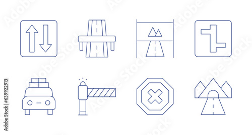 Road icons. Editable stroke. Containing two ways, highway, road sign, intersection, holidays, traffic barrier, stop, road.