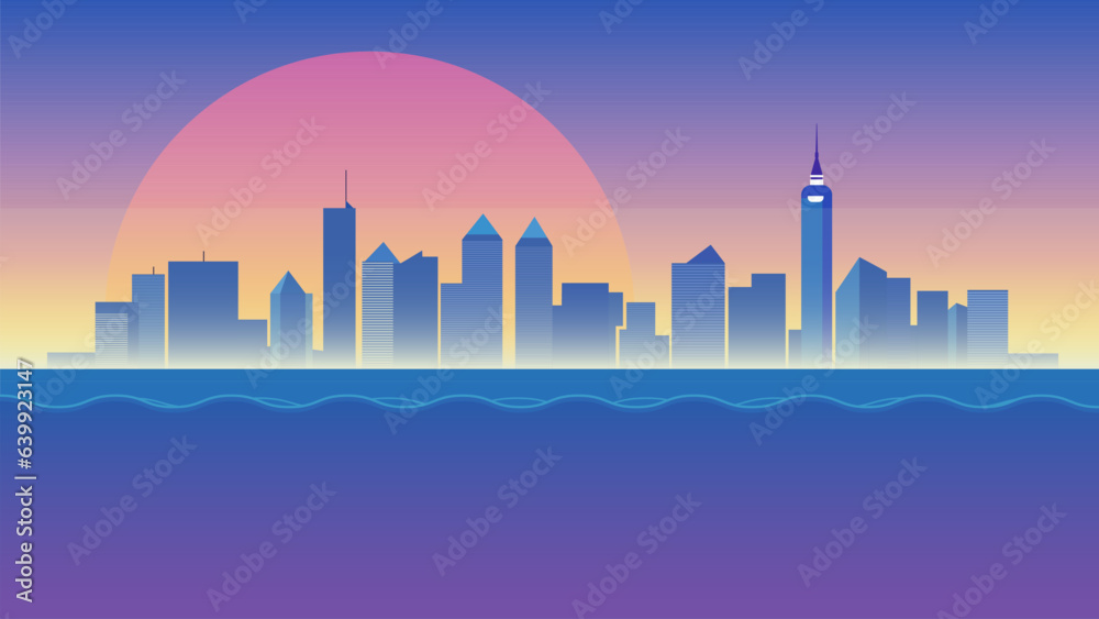 city skyline with a sunset in the background and a large body of water in front