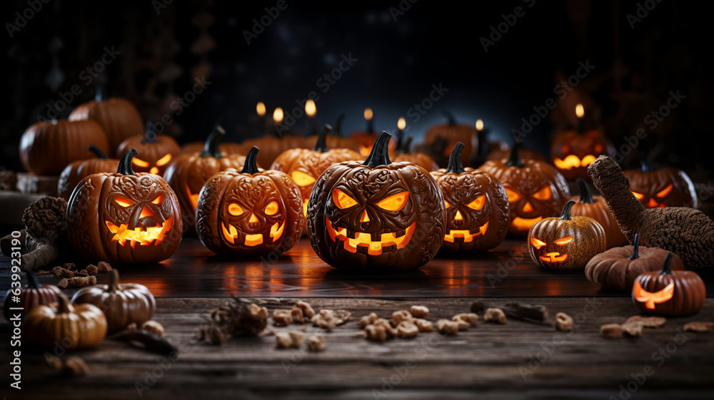 Fototapeta premium It's Halloween, trick or treating? perfectly carved pumpkins of all sizes and kids wanting to party with treats 