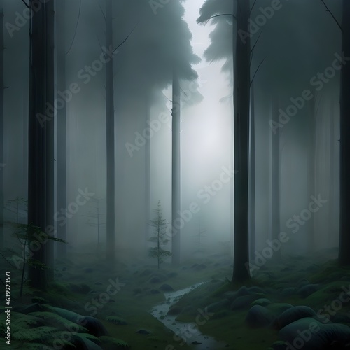  T-shirt graphics of mist-covered forest. Slender trees, moss, ferns create a mysterious ambiance. Nature-inspired art. 