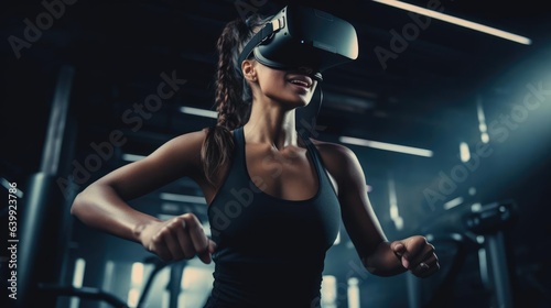 Young woman engages in a virtual reality fitness activity using a VR headset and controllers in a digital studio setting