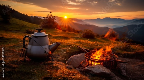 Sunset Campfire Bliss - Teapot, Tent & Mountain Backdrop, generative Ai