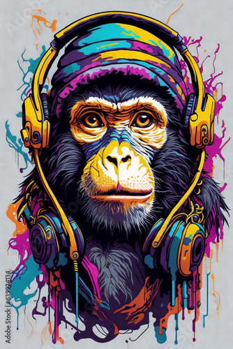 monkey-animal-colorfull-graffiti-neon-png,-Sublimate-Designs-for-shirt,-music-earphones