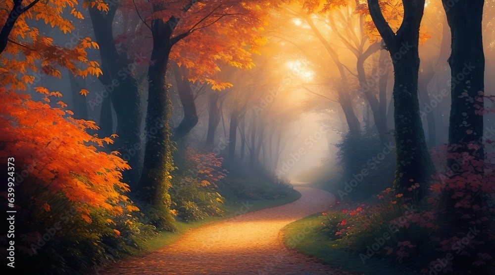 Path of Misty Enchantment - Sunset's Embrace in the Enchanted Forest