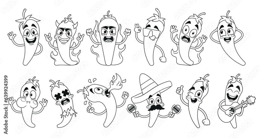Outline Hot Mexican Peppers, Cartoon Jalapeno Characters With Spicy And Fiery Personalities, Vector Illustration