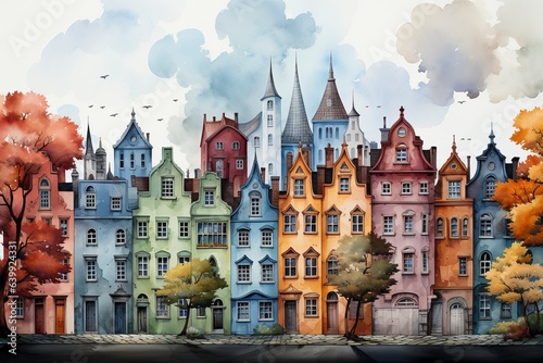 Row of pastel houses in watercolor painted style