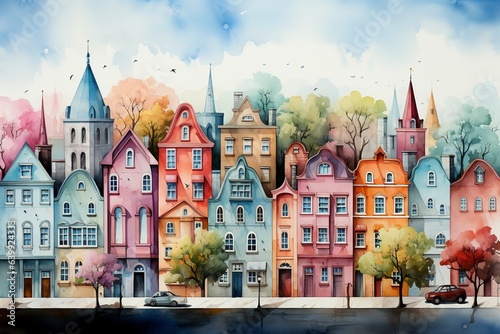 Row of pastel houses in watercolor painted style