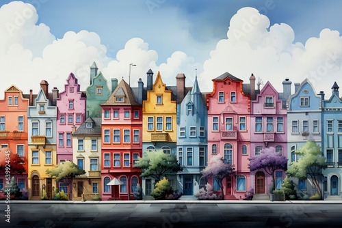 Row of pastel houses in watercolor painted style