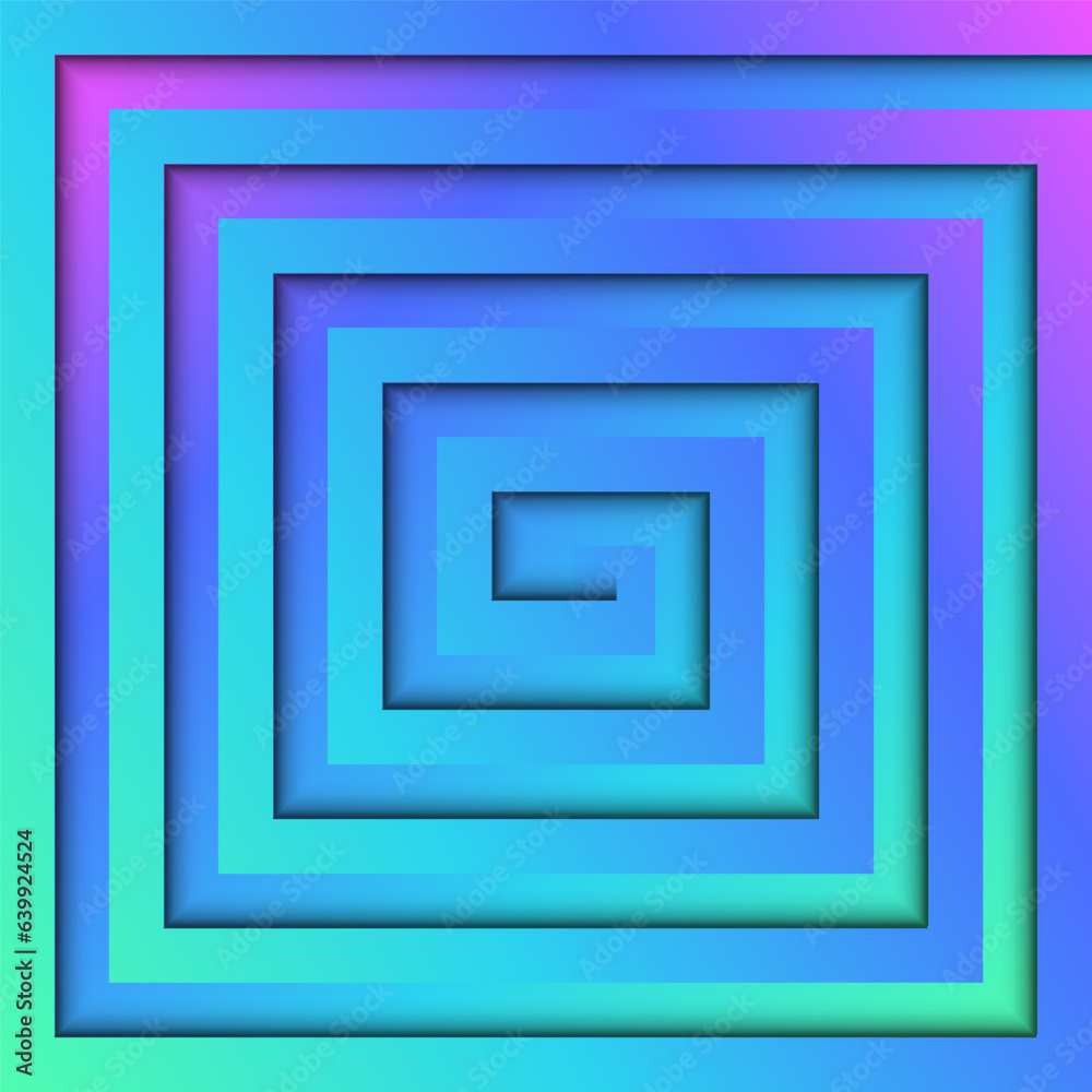 Spiral maze of bright gradient with shadows psychedelic futuristic background, square geometric shape of lines diverging or converging in the centre. Spiral maze of bright gradient with shadows psychedelic futuristic background, square geometric shape of lines diverging or converging in the centre.