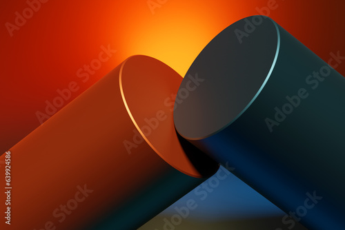 3D illustration colorful   pipes of an unusual shape, bent in different directions, stand in a row on a  orange background