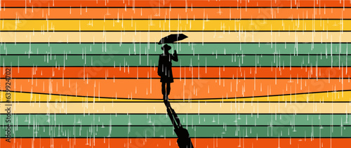 A man with an umbrella walks in the rain over a colorful striped background in this illustration.