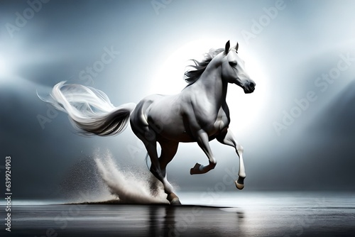 Photo White horse run forward in dust on dark background  generated by AI tool