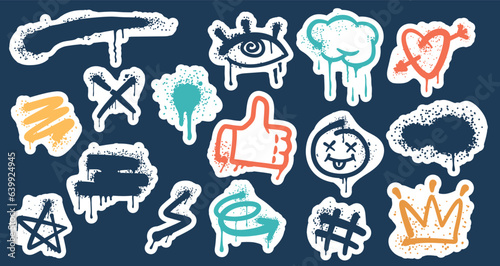 Graffiti Spray Stickers Set. Eye, Strokes, Thumb Up and Heart. Crown, Star and Smiling Face. Hashtag and Cross, Flash