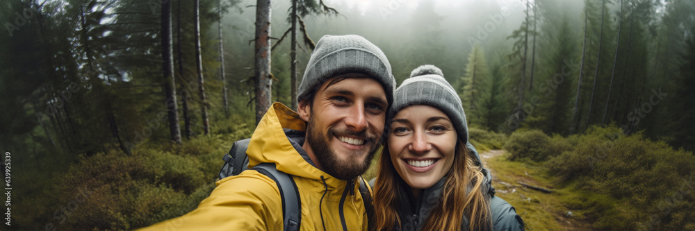 Young couple hikers taking self portrait in the forest Young couple hikers taking self portrait in the forest