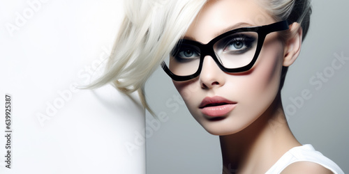 Close-up beauty portrait of a young woman wearing glasses on a light background © elovich