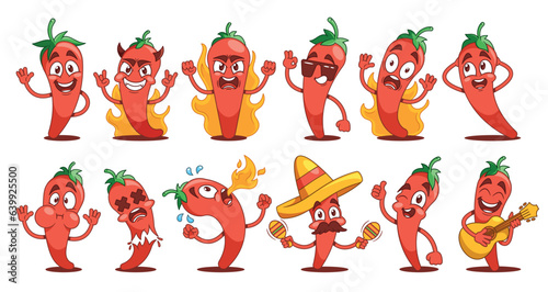 Cartoon Hot Pepper Characters Set. Whimsical And Vibrant Red Chili Or Jalapeno Personages With Expressive Faces
