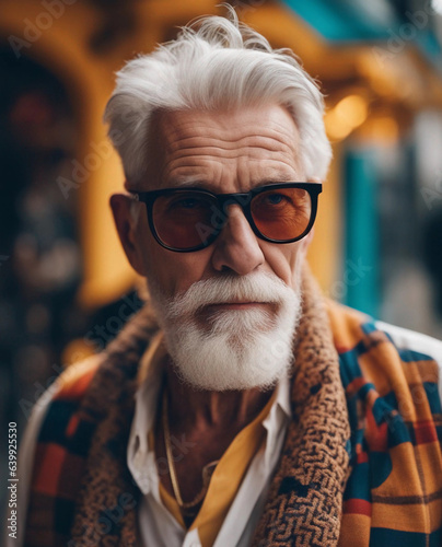 An elderly man in fashionable bright clothes on a colored background.  Generative AI.