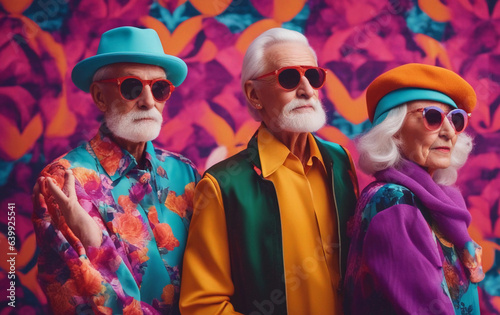 Fashionable elderly people in colorful bright clothes. Generative AI.