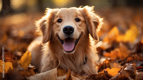 Golden retriever dog playing among fallen leaves in autumn.