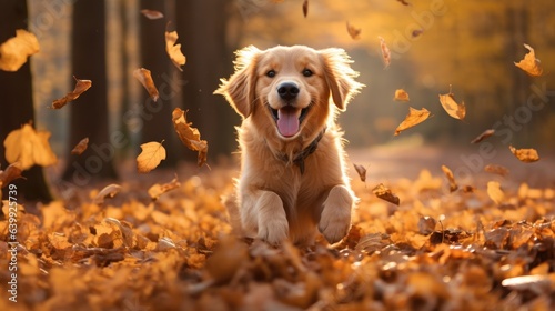 Golden retriever dog playing among fallen leaves in autumn.