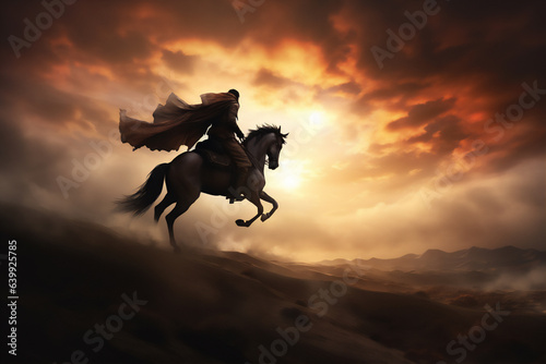 horse in the Arabian desert at sunset, giant round sun, side angle, scattering flying huge dust, hyper realistic, dramatic light and shadows, sun behind the storm clouds © Maizal