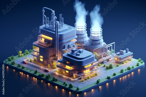 A 3d isometric render illustration of a power plant or oil refinery factory photo