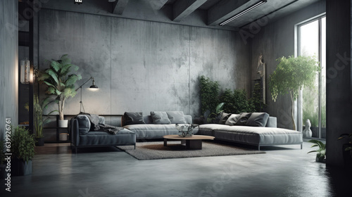 Modern living room interior design and concrete texture wall background.