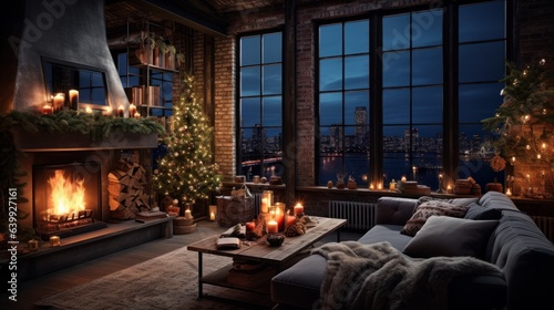 Interior of modern cozy luxury loft style studio with Christmas decor. Blazing fireplace, burning candles, elegant Christmas tree, comfortable couch, home decor, panoramic window with night city view.