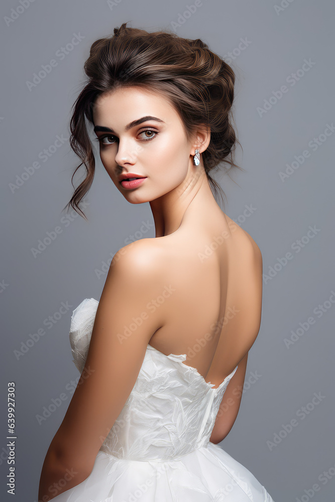 Beautiful brunette girl posing in a white wedding dress with an open back isolated on grey flat background with copy space, wallpaper.