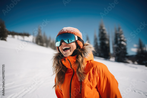 Beautiful woman smiling at the ski resort.