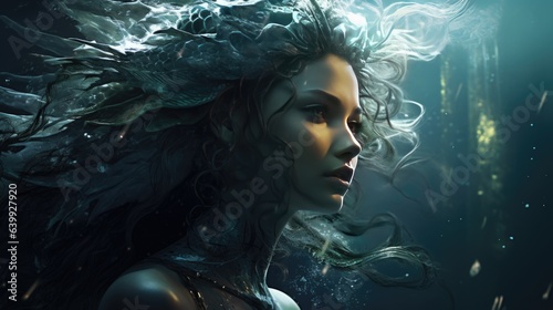 Close-up shot of a mermaid with long hair waving in the water and swimming with fish.