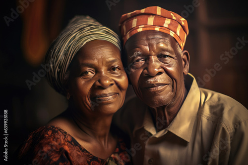 african elderly couple feeling happy smiling and looking to camera while relax in living room at home. Generative Ai