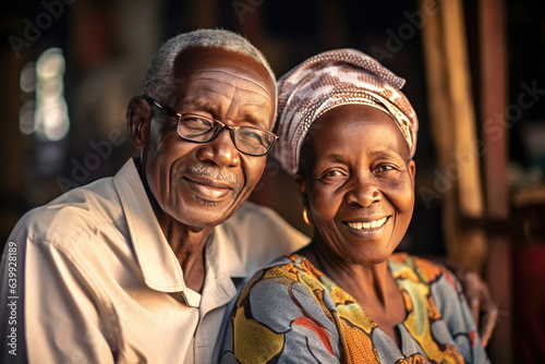 african elderly couple feeling happy smiling and looking to camera while relax in living room at home. Generative Ai © tong2530
