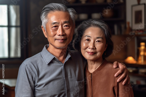 Asian elderly couple feeling happy smiling and looking to camera  in living room at home. Generative Ai © tong2530