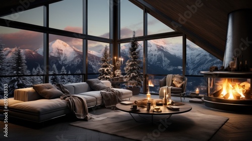 Interior of cozy living room in modern luxury chalet with Christmas decor. Blazing fireplace  burning candles  comfortable corner sofa  panoramic window with forest and mountains view.