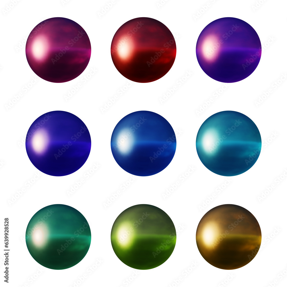 Set of round shape sphere ball or button in 3d rendering isolated on transparent background for decoration and design element concept. Set of round shape sphere ball or button in 3d rendering isolated on transparent background for decoration and design element concept.