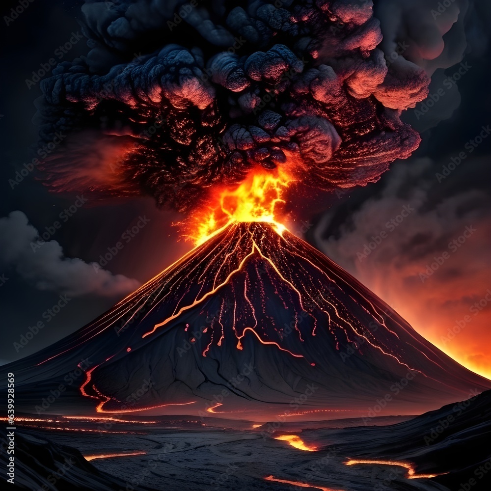 Volcano erupting, spewing lava & ash. Dark smoke fills the sky. T-shirt graphics, posters & wall decoration.