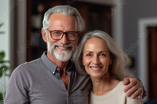 Senior couple feeling happy smiling and looking to camera while relax in living room at home. Generative Ai © tong2530