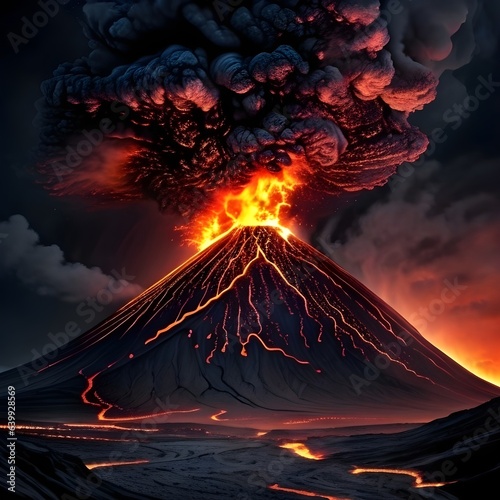 Volcano erupting, spewing lava & ash. Dark smoke fills the sky. T-shirt graphics, posters & wall decoration.