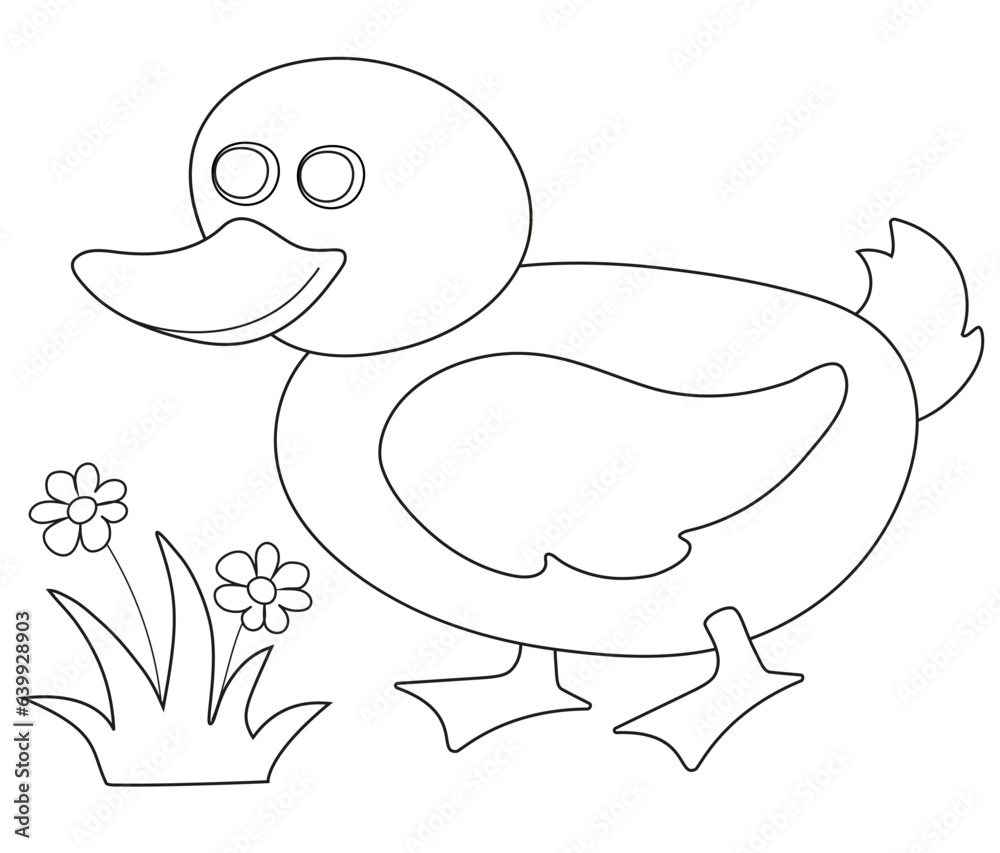 Farm animals. Duck and grass with flower. White icons with black outline. Cartoon vector illustration for coloring book. Farm animals. Duck and grass with flower. White icons with black outline. Cartoon vector illustration for coloring book.
